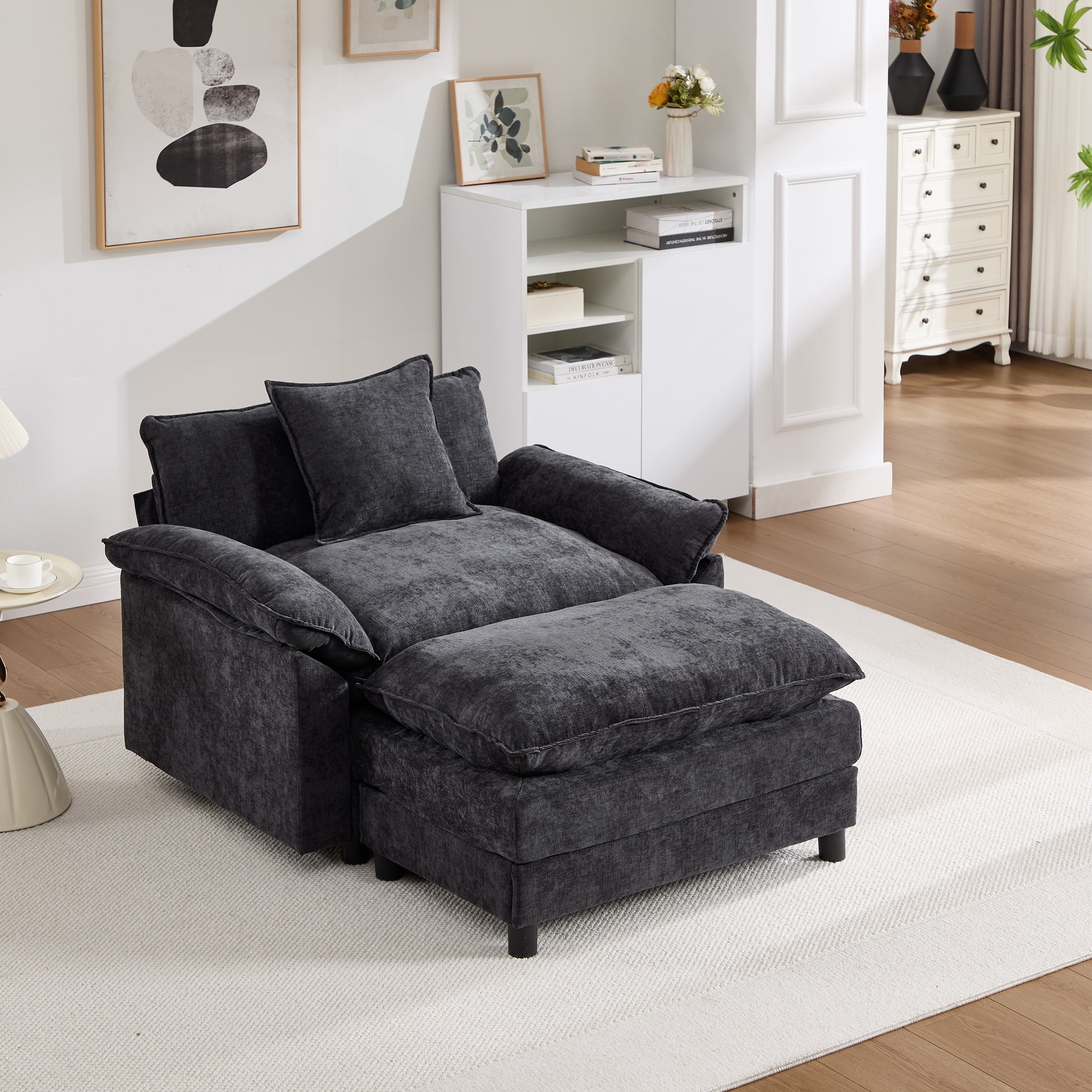 44.5" Accent Chair with Ottoman Club Chair Chenille Upholstered Armchair