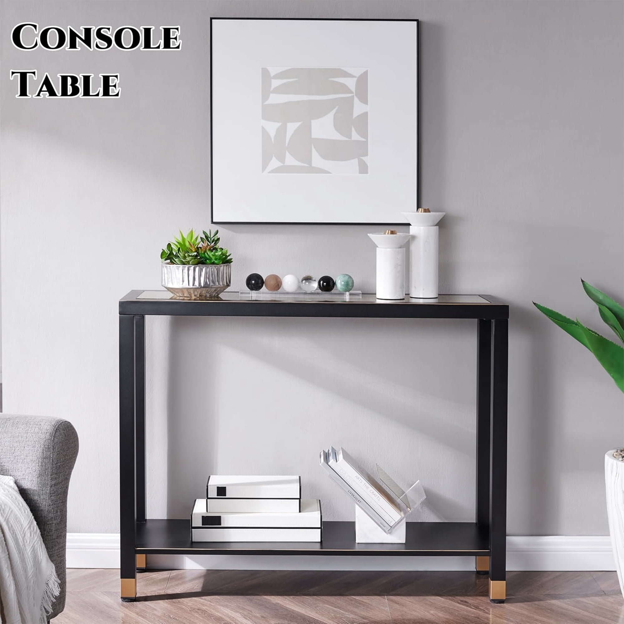 2-Tier Glass Entryway Console Table, Narrow Sofa Table with Storage Shelf, Tempered Glass Foyer Table with Gold & Black Metal Frame, Modern Accent Table for Hallway Living Room Corridor Office