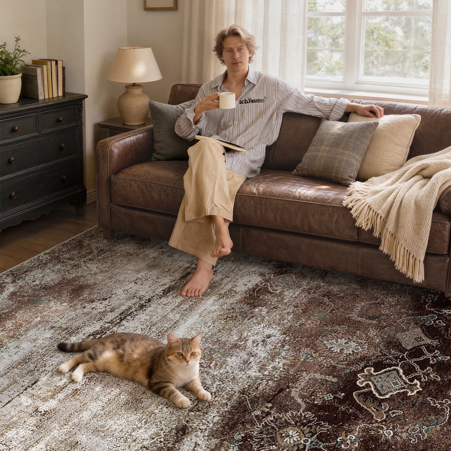 VUNATE 5'x7' Area Rugs for Living Room Machine Washable Rugs Abstract Vintage Distressed Indoor Rug Carpet Soft Lightweight Large Area Rug for Bedroom Dining Room Kitchen Foldable Nonslip Rug Brown