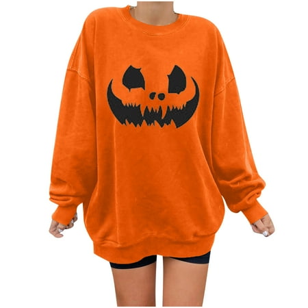 

Pumpkin Face-Sweatshirt for Womens Casual Long Sleeve Plus Size Loose Fit Oversize Lightweight Pullover Top Halloween Funny Graphic Print Crewneck Fall Shirt Blouse