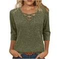 thumbnail image 2 of BiZtdJrK 3/4 Sleeve Tops for Women Ribbed Knit Fall Sweaters Dressy Crossover V Neck Pullover Blouse Going Out Tunic, Army Green, M, 2 of 8