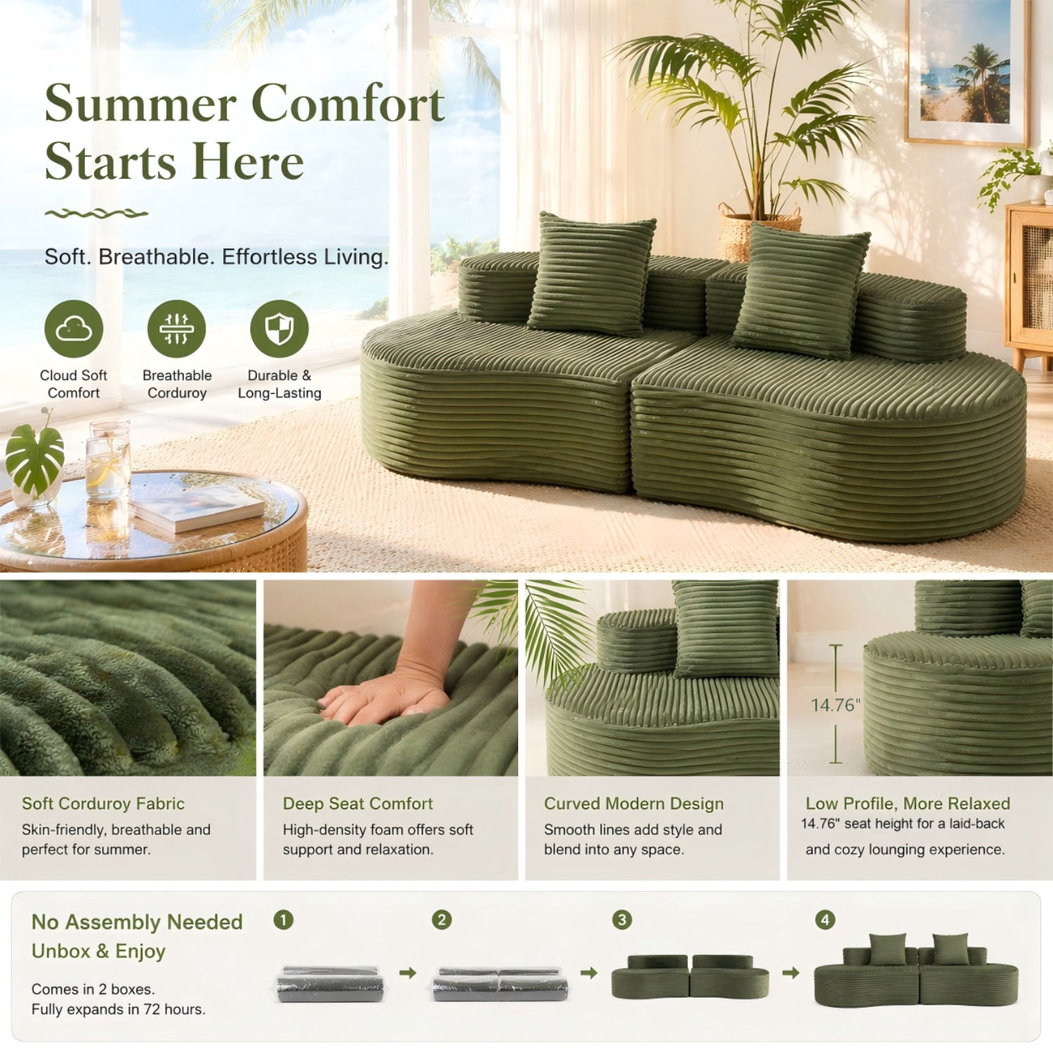 Hommoo 110" Full Curved Compressed Sofa, Corduroy 2-Seater Cloud Couch Upholstered Sofa with 2 Lumbar Pillows, for Living Room & Bedroom, Green