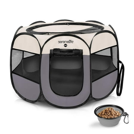 UPC: 0842893138503 | SereneLife Large Portable Foldable Pet Tent – 8-Panel Cat Dog Mesh Exercise Playpen Gray