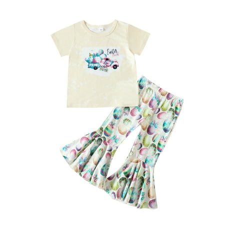 

Baby Girls Clothing Sets Easter Day Cartoon Rabbit Printed Short Sleeve O-Neck Shirt Pullover Tops Bell Bottoms Pants Outfits Dailywears Comfortable Loose Fittness Sets
