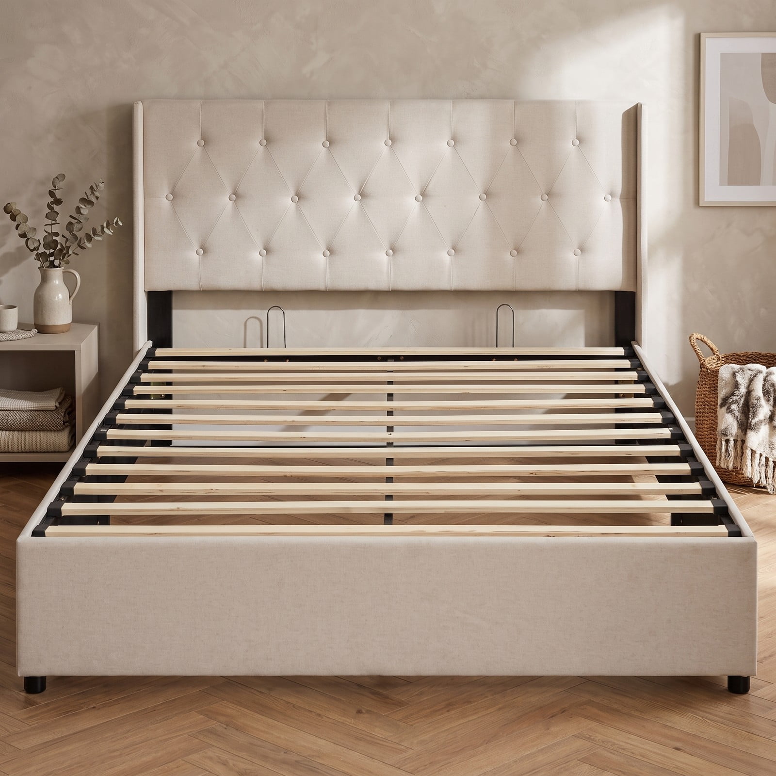 Furnibear Queen Bed Frame with Storage, Lift Up Storage Bed Frame with Tufted Wingback Linen Headboard and Wood Slat Support, Beige