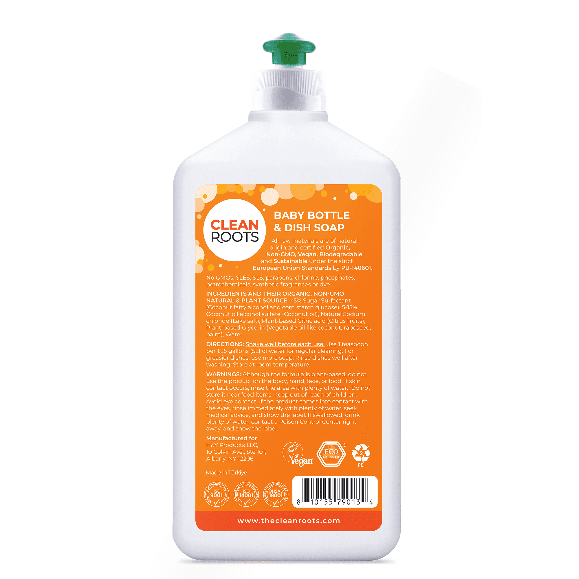 Clean Roots Baby Bottle & Dish Soap, EcoGarantie Certified 100% Organic & Natural, Scent-Free & Hypoallergenic, Dermatologically Tested & Approved - Pack of Three 16.9 fl oz (500 mL) Bottles