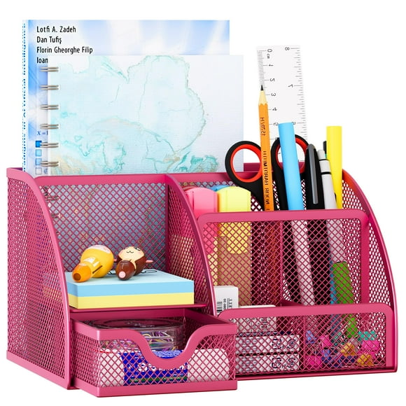 EasyPAG Mesh Desk Organizer, Multi-functional Stationery Organizer for School Supplies, Office Pen Holder for Desk, 6 Compartments Dorm Organization with Drawer, Pink