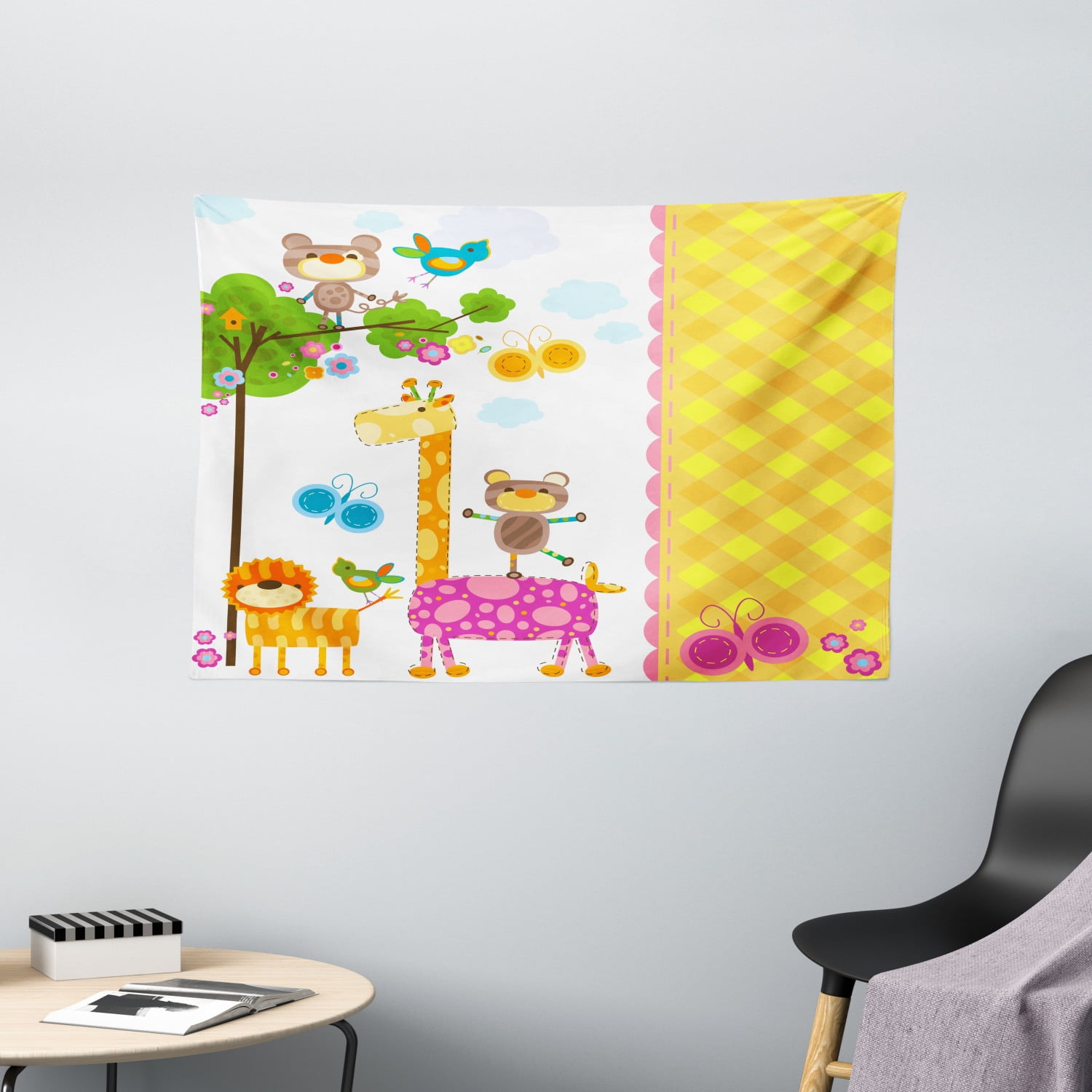 Nursery Tapestry, Baby Kids Design Butterflies Trees Animals Blossoms and Checkered Pattern