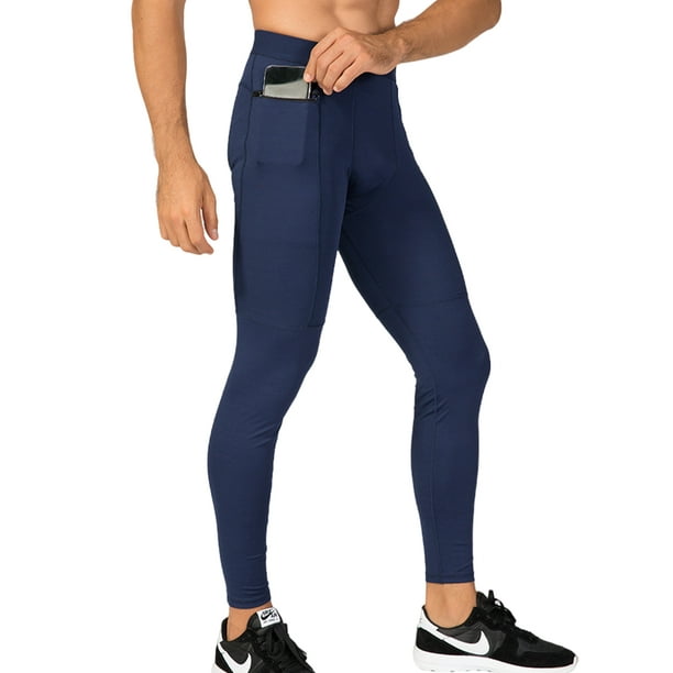 LUXUR Mens Leggings Cool Dry Compression Pants High Waisted Tights  Breathable Sport Pant Elastic Waist Base Layer Navy Blue M 