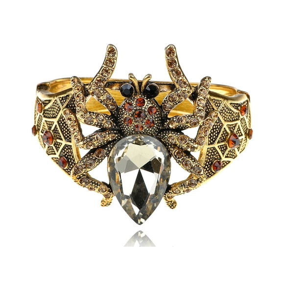 Golden Tone Topaz Clear Rhinestones Big Spider Insect Cuff Bangle Bracelet