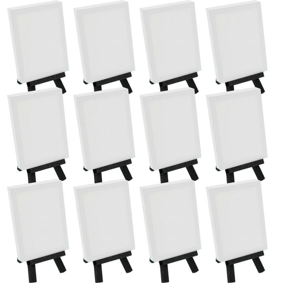 12 Pack U.S. Art Supply 3" x 4" Stretched Canvas with 5" Mini Black Wood Display Easel Kit, Artist Tripod Holder Stand