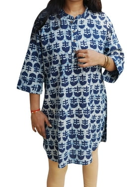 Mogul Womens Lovely Blue Floral Print Cotton Dress Button Front Ethnic Tunic Sundress L