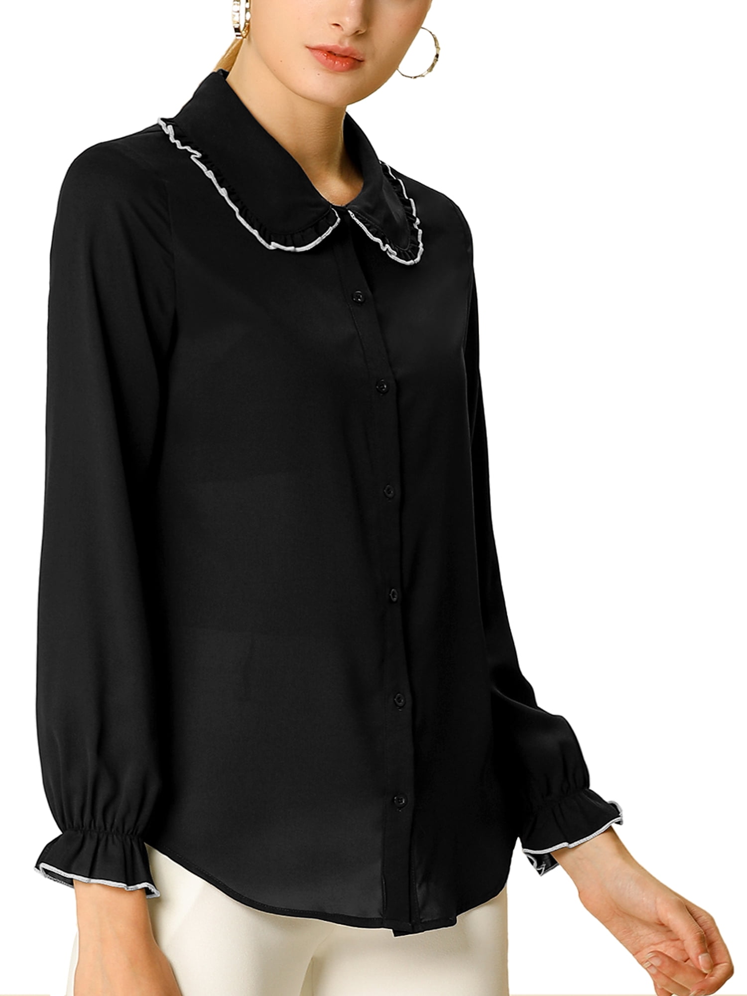 DARING DIVA Women's Peter Pan Collar Ruffle Long Sleeve Shirt M Black