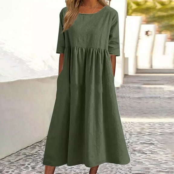 IDALL Summer Dresses,Petite Dresses Women's Fashionable Loose Cotton And Linen Round Neck Half Sleeved Midi Dress Linen Dress,Modest Dresses,Womens Dresses Green Dress L