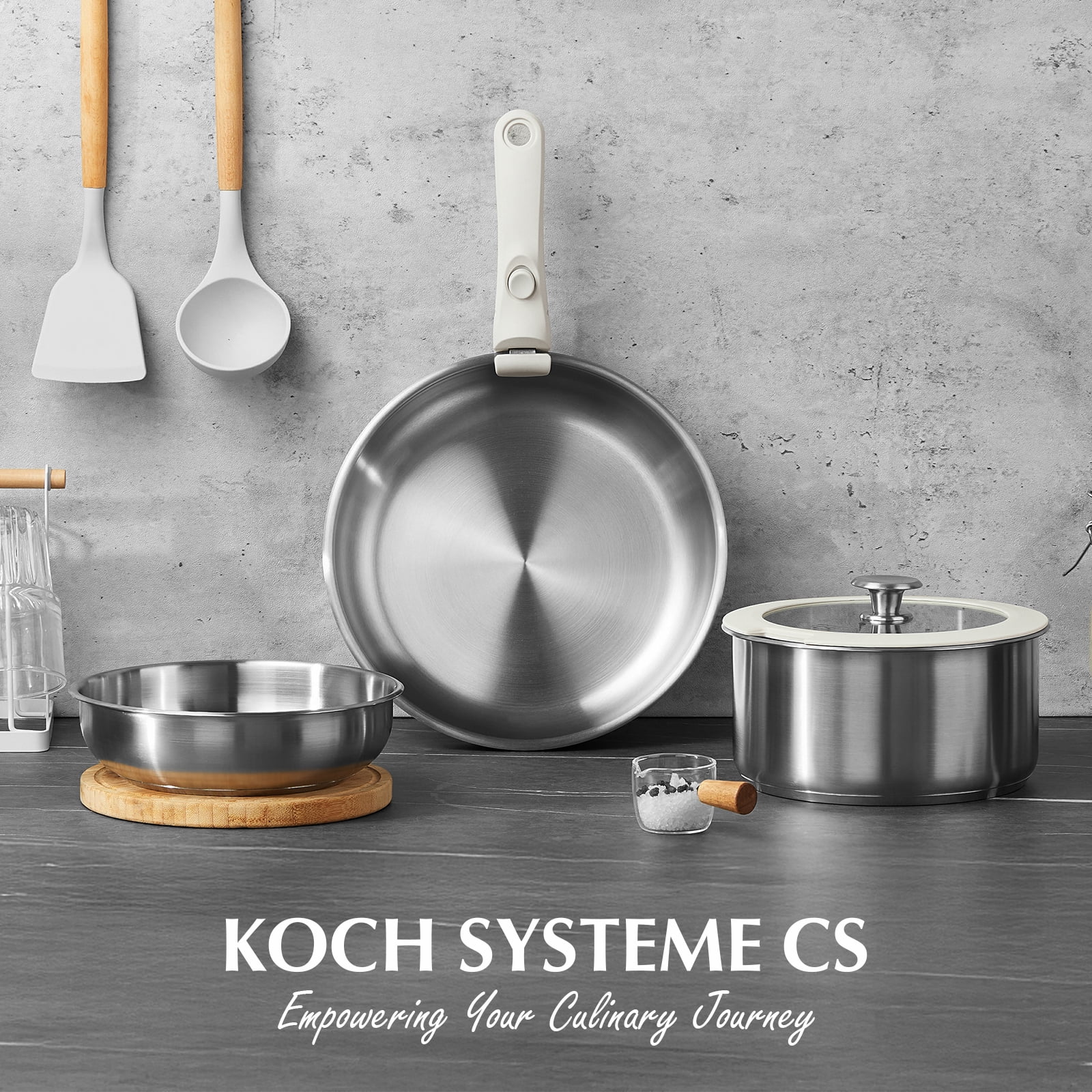 Koch Systeme CS Stainless Steel Pots and Pans Set, 7 Piece Stainless Steel Cookware Set with Detachable Handle, Induction Compatible