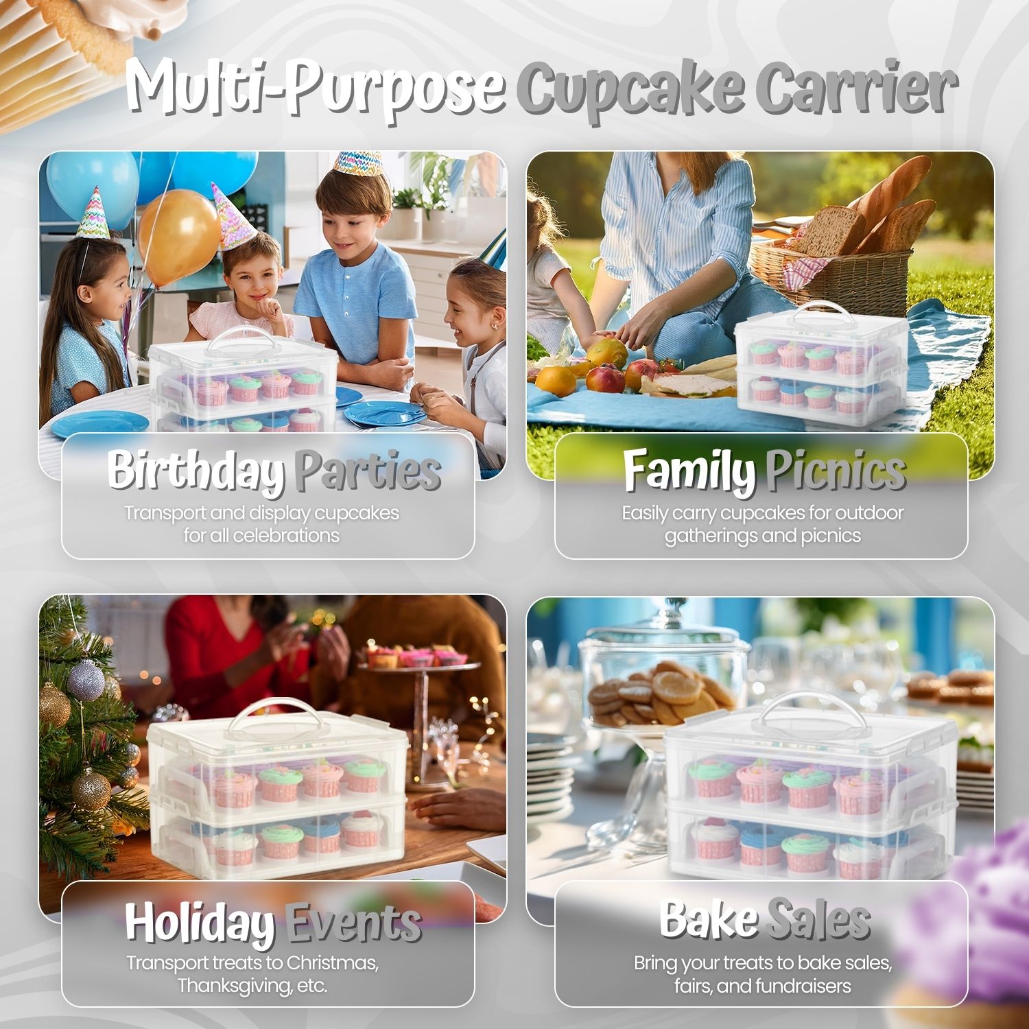 Cupcake Carrier Holder Container Box (24 Slot, 2 Tier) - 24 Cupcakes Slot or 2 Large Cakes Pastry Clear Plastic Storage Basket Taker Courier with 2 Tier Stackable Layer Insert (Clear)