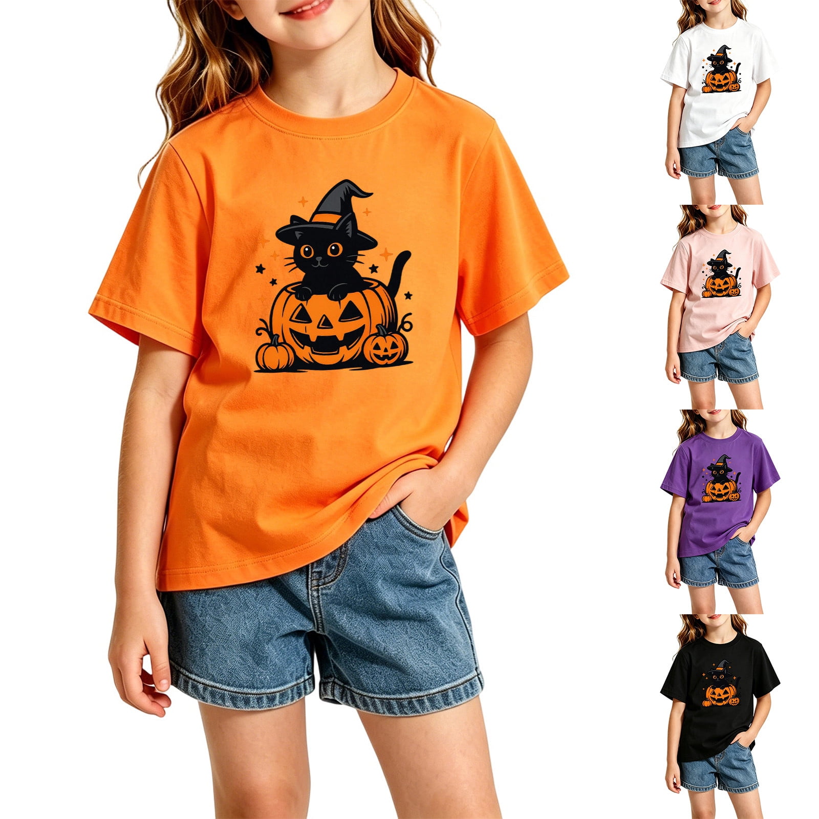 Kids Halloween Witch Cat Graphic Tee Shirt Pumpkin Spooky Print Short Sleeve Crew Neck Top for Girls Boys Summer Fall Clothes 9-10T