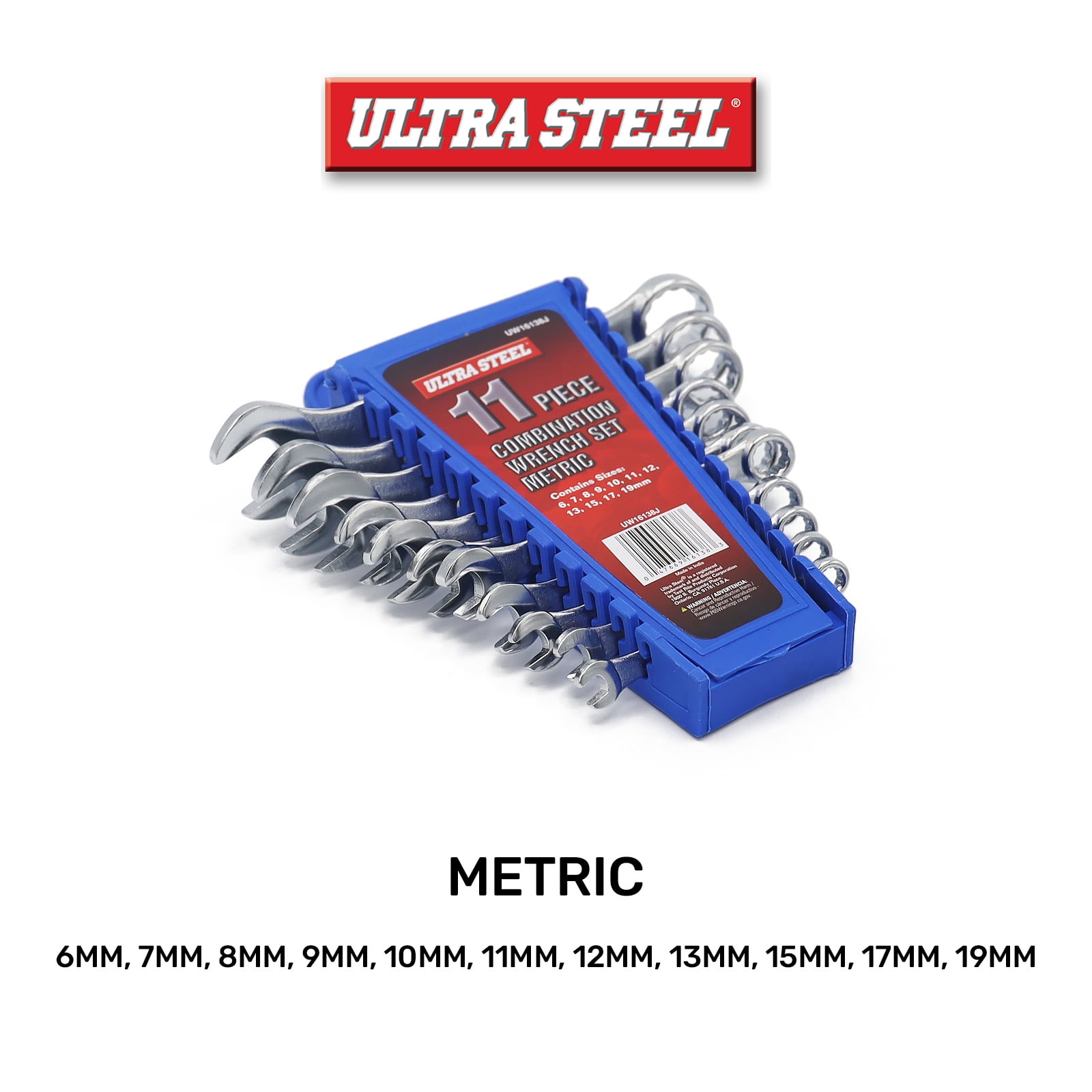 Ultra Steel 11-Piece Combination Wrench Set, Metric, 6MM, 7MM, 8MM, 9MM, 10MM, 11MM, 12MM, 13MM, 15MM, 17MM, 19MM, Wall Hanging Case Included