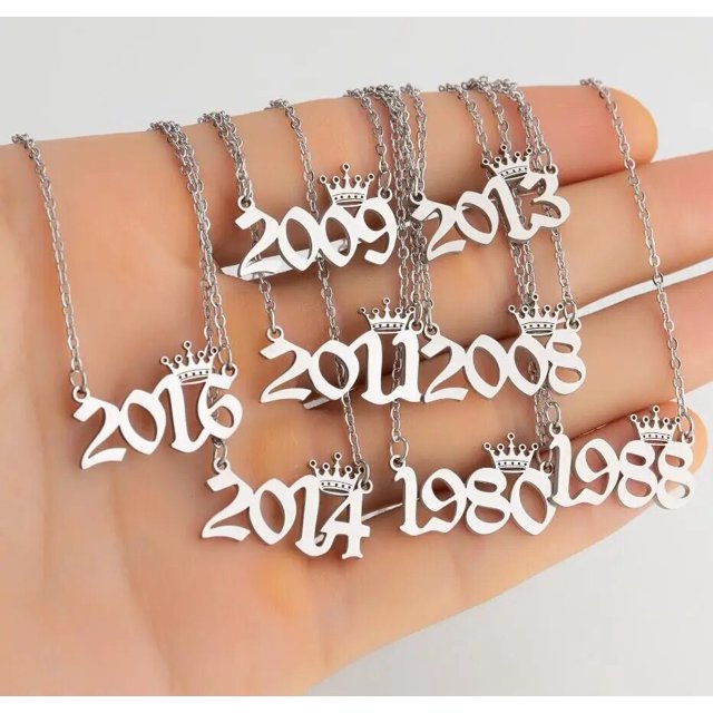 Collares de acero inoxidable con números, Tiaras DE CORONA DE año 1980, 2008, 2009, 2013, Gargantilla, bisutería, Collar de nacimiento para Mujer, regalo de Navidad