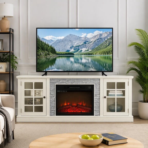 70 in Modern TV Stand with 23 in Electric Fireplace Faux Stone Media Console MDF White Entertainment Center for TVs up to 75 in