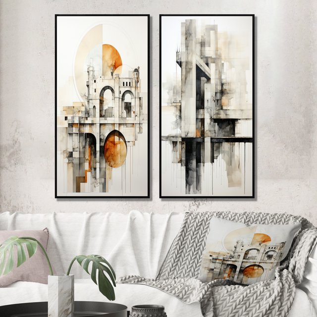 Designart "Minimalistic Connection Grey Bridge II" Bridges Framed Wall Art Set Of 2 - Grey Architecture Framed Wall Art Set Of 2