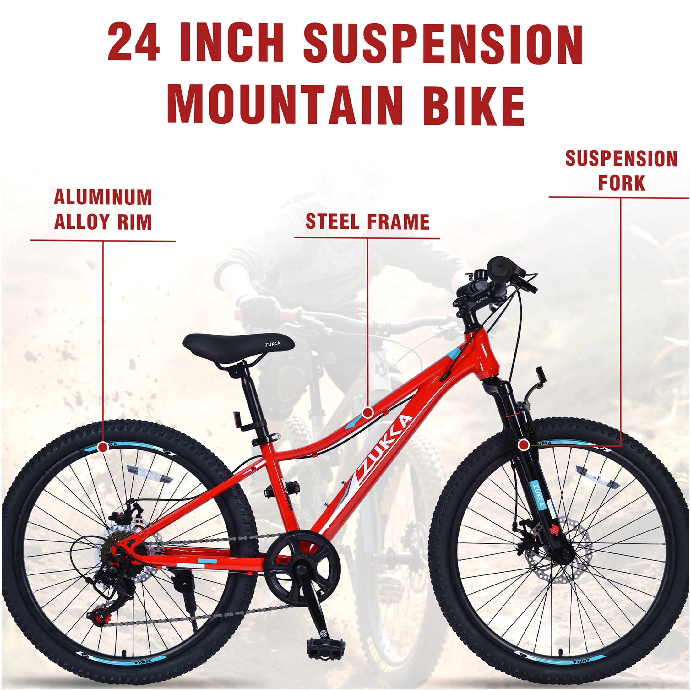 JERFIT 24 inch Kids Mountain Bike with 6-Speed Shimano Gears, Front Suspension Fork & Dual Disc Brakes for Boys and Girls Age 9-12, Red Steel Frame