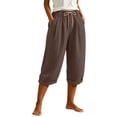 thumbnail image 6 of Women's Cotton Casual Capris with Drawstring Elastic Waist, Loose Fit Pockets for Women, Cropped Pants for Women Summer Lounge Beach, Capri Pants for Women | UKHCCC,Brown S, 6 of 7