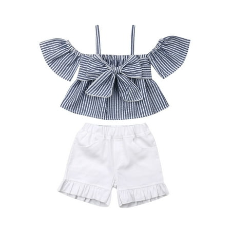 

Toddler Baby Girl Summer Hawaiian Outfits Off Shoulder Crop Tops Ruffles Tutu Skirts Beach Clothes Set