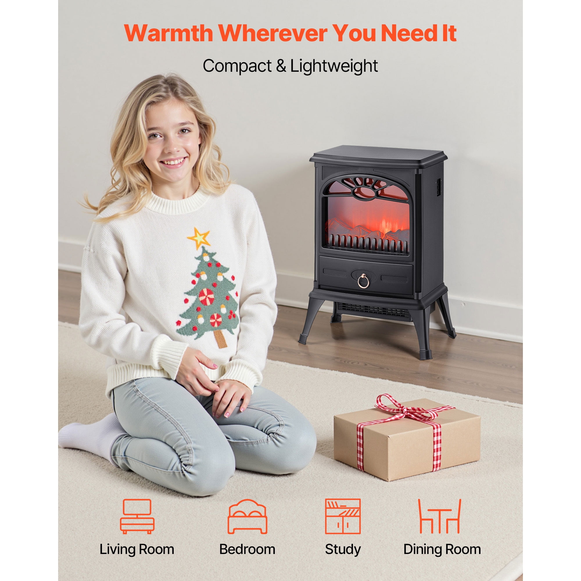 KFFKFF 22.8-Inch Freestanding Electric Fireplace Heater, 1500W 5120BTU Portable Stove with Overheat Protection, Realistic Flame Effect, Ideal for Living Room, Bedroom, Study, and Dining Room, Black