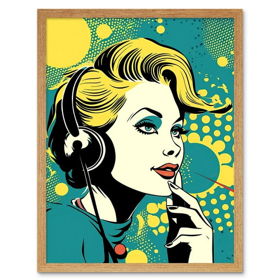Retro 1950's Woman Telephone Headset Comic Book Style Blue Yellow Hello Girl Portrait Art Print Framed Poster Wall Decor 12x16 inch