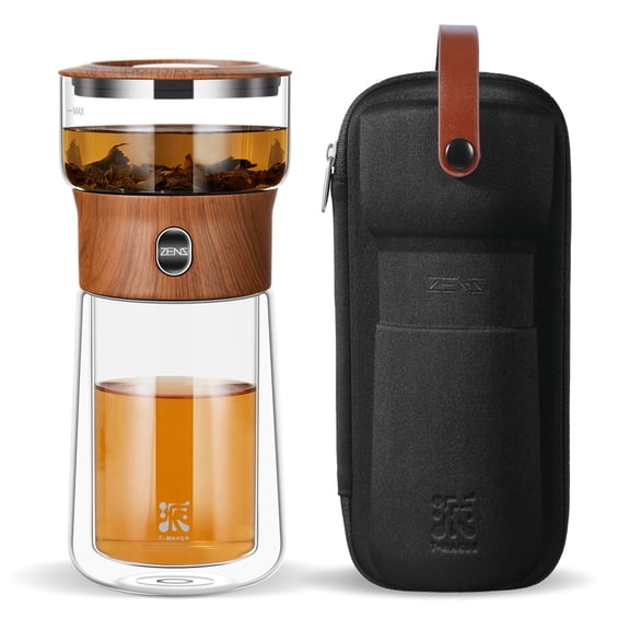 ZENS Modern Glass Infuser Teapot, One Touch Tea Maker for Loose Leaf Tea with Insulated Mug and Portable Case. Enchanted Pot Alternatives for Tea Lover Gifts