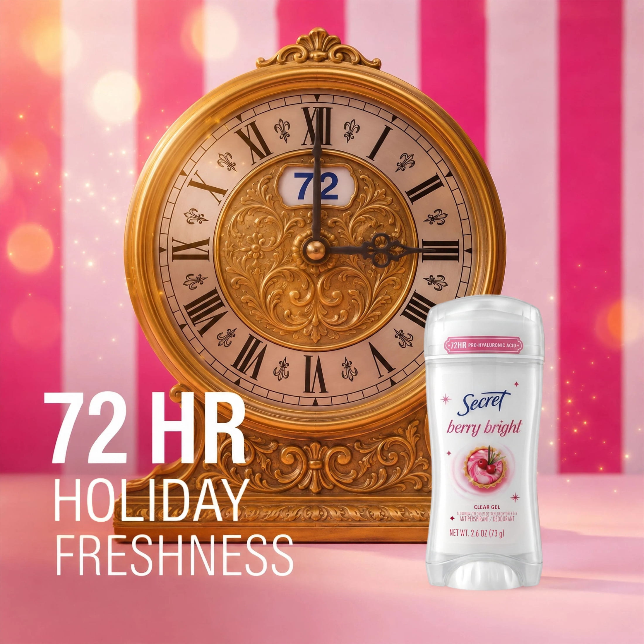 Secret 72HR Holiday Fresh Antiperspirant & Deodorant, Pro-Hyaluronic Acid, Clear Gel, Berry Bright 2.6oz