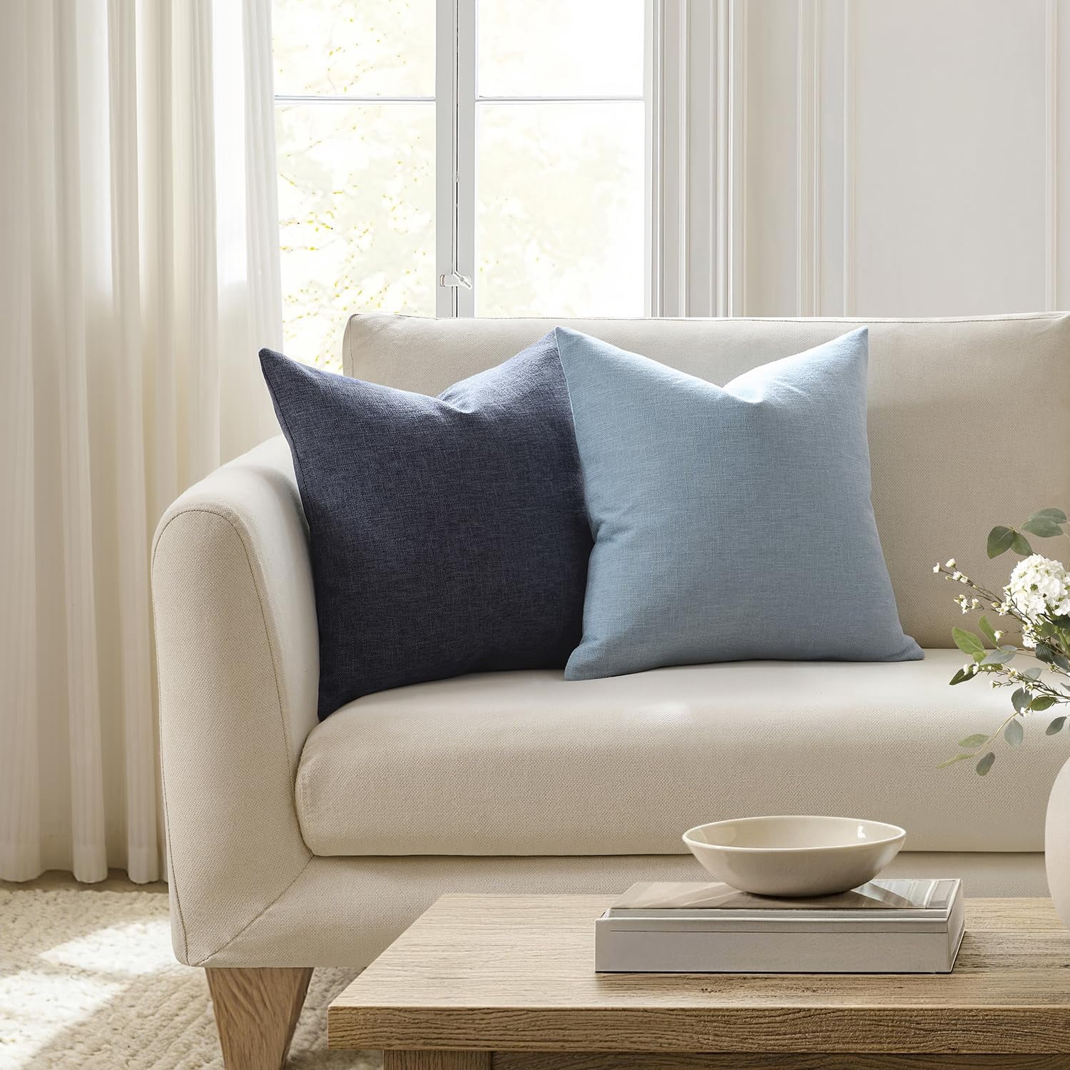 Set Of 2 Deep Indigo Blue Throw Pillow Covers 18x18  Linen Blend Decorative For Couch Sofa Bed Beach House Home Decor