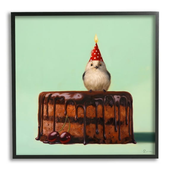 Stupell Industries Party Hat Bird Chocolate Cake Animals & Insects Painting Black Framed Art Print Wall Art