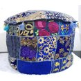 thumbnail image 3 of Indian Pouf Footstool Ethnic Embroidered Pouf Cover, Indian Cotton Round Pouffe Ottoman Pouf Cover Pillow Ethnic Decor Art-Blue-22 x 14 Inch, 3 of 4
