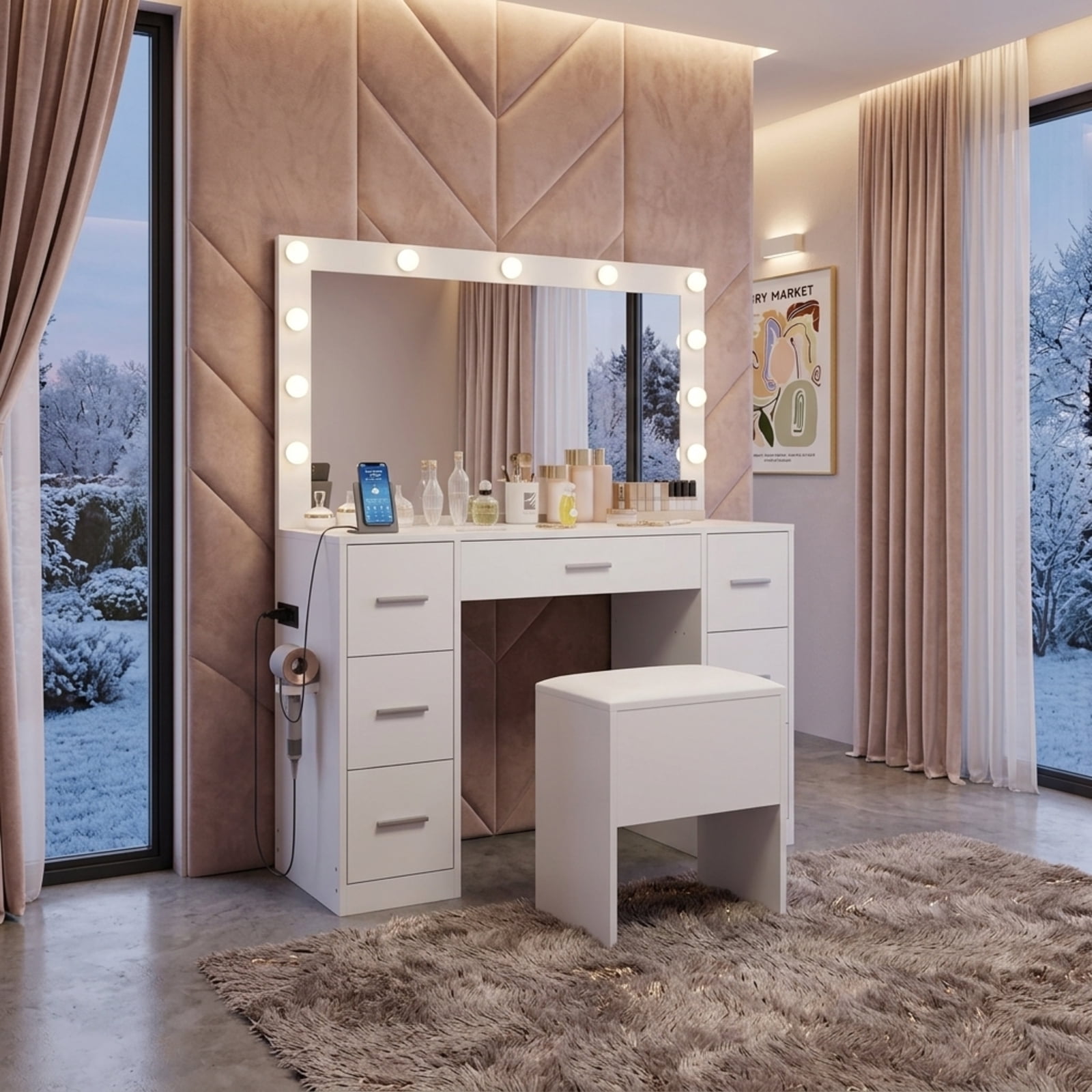 Furnibear 43.5-Inche Vanity Desk with Mirror and Lights for Bedroom for Bedroom Makeup Dressing Room Vanity Desk Mirror Set, White