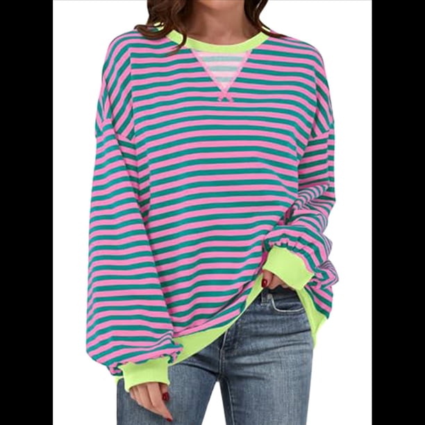 Sudaderas A Rayas para Mujer, Camisetas de Larga con Cuello Redondo de Gran Tamaño, Jersey Y2K, Ropa de Moda de Otoño Rosa S