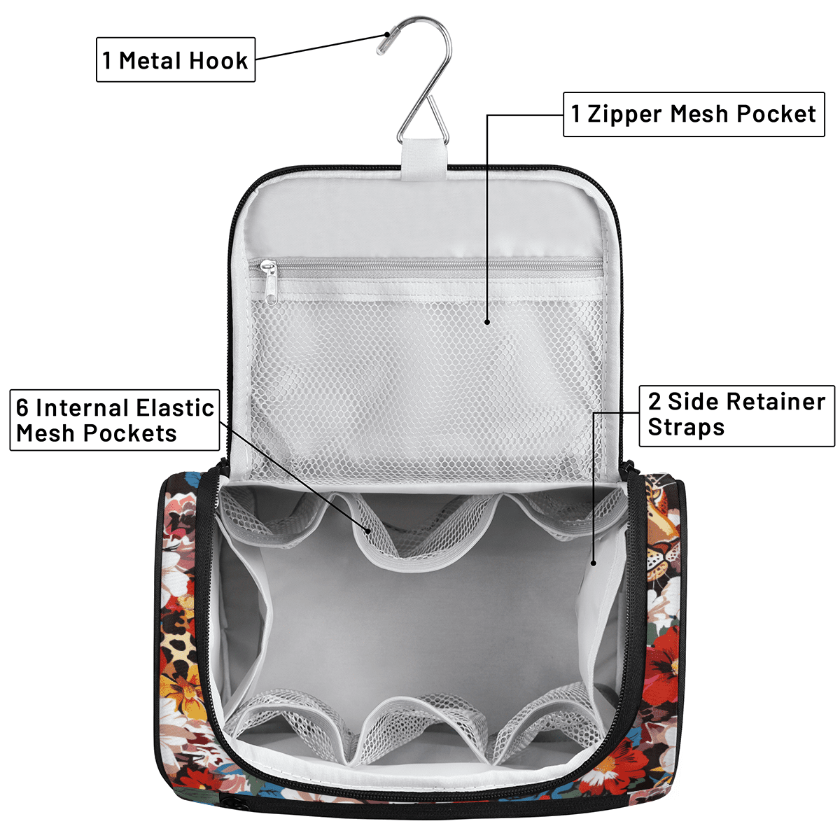 Herdesigns Leopard Cheetah Flower Toiletry Bag for Women, Travel Makeup Bag, Waterproof Hanging Cosmetic Organizer for Toiletries & Makeup Essentials