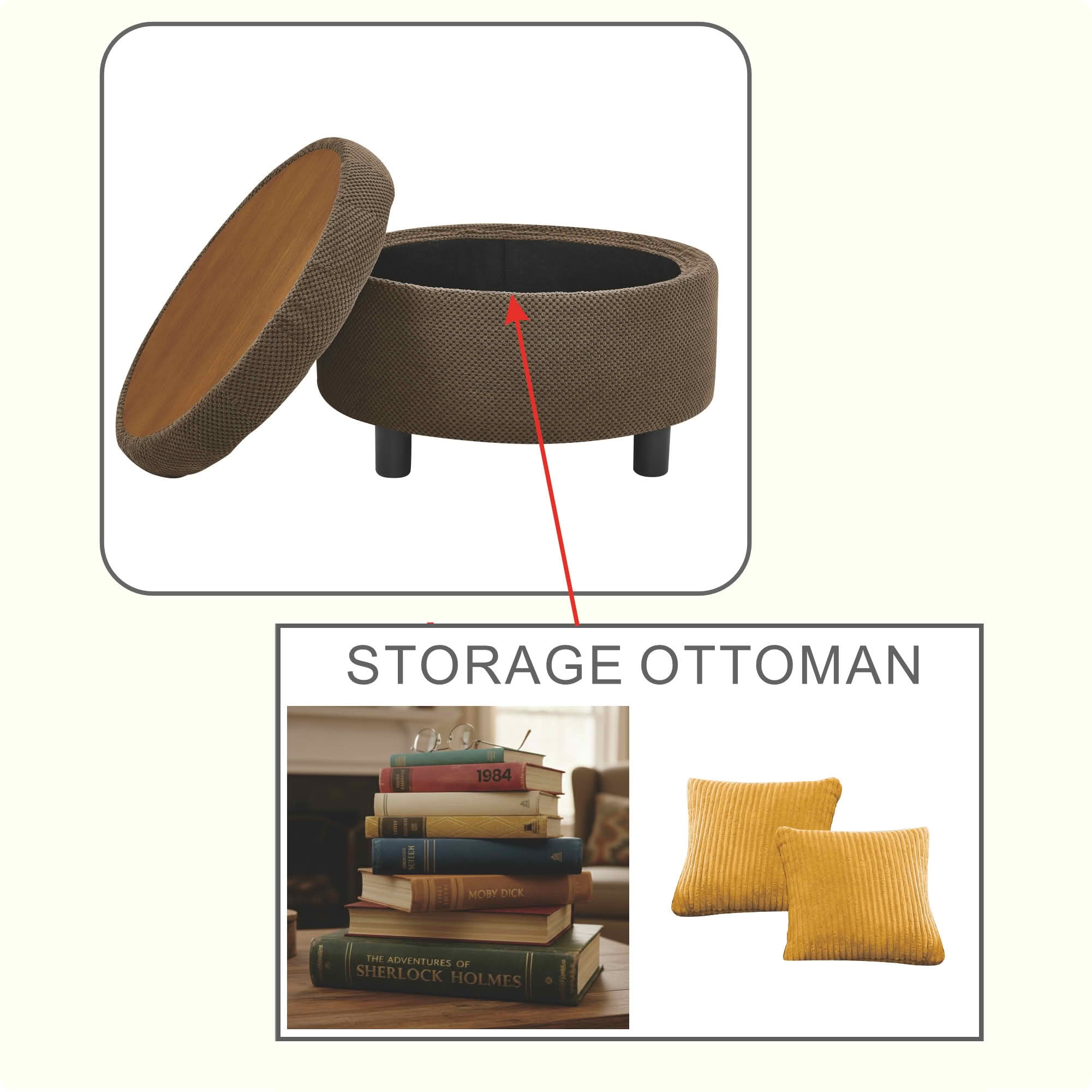 MAYEERTY 25 In Round Storage Ottoman with Tray, Tufted Fabric, Coffee Table Ottoman, Coffee
