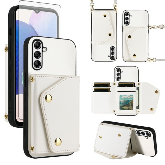Furiet Wallet Case for Samsung Galaxy A15 5G/4G with Tempered Glass Screen Protector Slim Purse Shoulder Strap, Luxury PU Leather Card Holder Stand Phone Cover for A 15 G5 15A Women Men White
