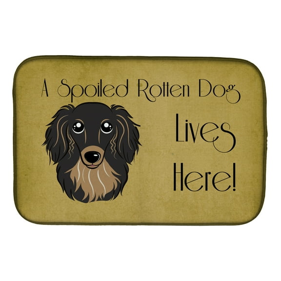Longhair Black and Tan Dachshund Spoiled Dog Lives Here Dish Drying Mat