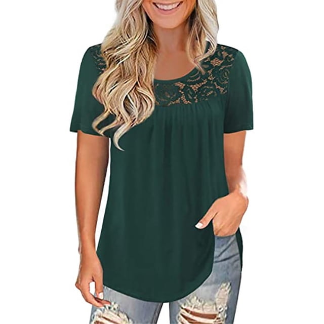 MRULIC T-Shirts pour Femmes Mode Dentelle Unie Col Rond Manches Courtes T-Shirt Blouse Hauts T-Shirts Femmes Vert + L
