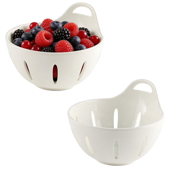 2 Pack Ceramic Hollow Drain Colander Bowl, Food Safe Fruit Vegetable Washing Strainer Basket With Handle, Kitchen Counter Draining Storage Basket-Brabtod