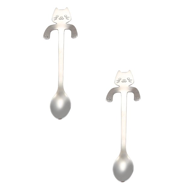 Oleegame 2PC Stainless Steel Cutlery Set Cat Spoon Short Handle Spoons Flatware Coffee Drinking Tools Kitchen Gadge