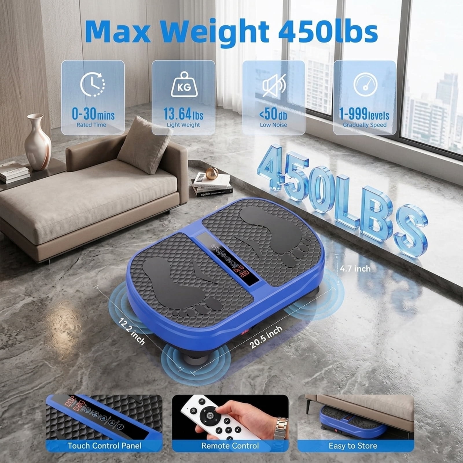 Fenbeli Vibration Plate Exercise Machine, 1-999 Speeds, Bluetooth Speaker, Remote, 2 Loops and 5 Resistance Bands, 450 lb Capacity, Blue