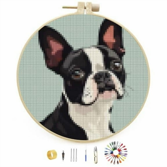 Boston Terrier Dog Stamped Cross Stitch Kits for Beginners with Hoop Simple Patterns 11CT Counted Embroidery Needlepoint Crafts Arts for DIY Enthusiasts and Home Decor 26x26cm