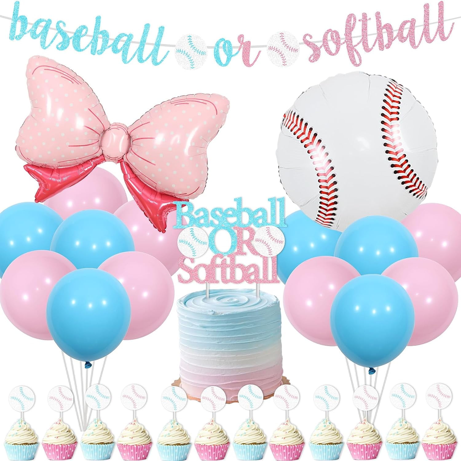 Baseball or Softball Gender Reveal Decorations for Boys or Girls with Baseball or Softball