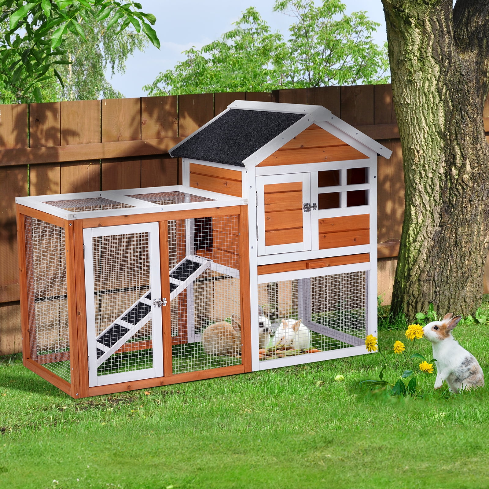 Wooden Rabbit Hutch Outdoor Chicken Coop Indoor Bunny Cage with Run, Guinea Pig House Pet House with Pull Out Upper Tray, Orange