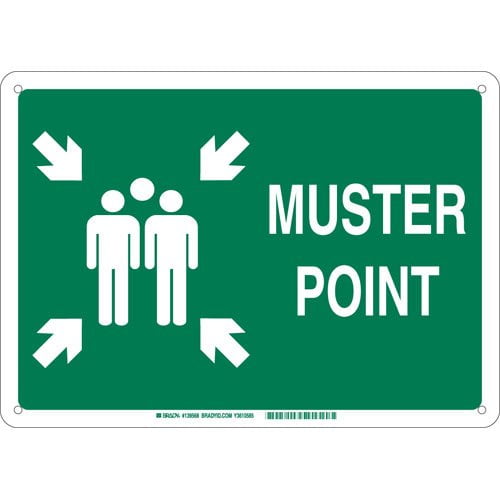 brady emergency sign,b-555 alum,muster point 139574