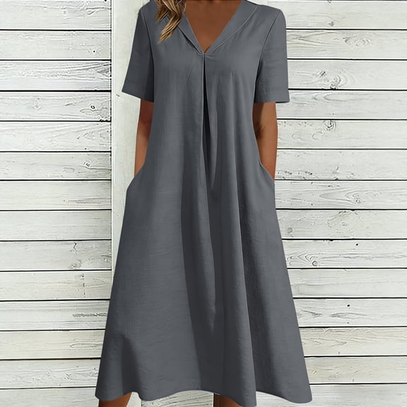 Roncen Women's Cotton-Linen Blend Dress, Short Sleeve V-Neck A-Line Dress with Button Detail & Side Pockets